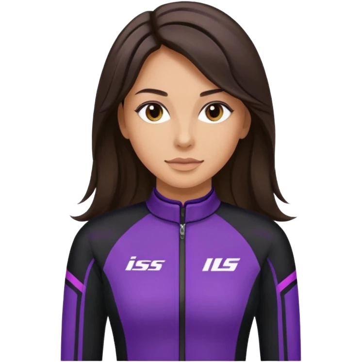 brunette long hair woman with black racing outfit with single purple strips emoji