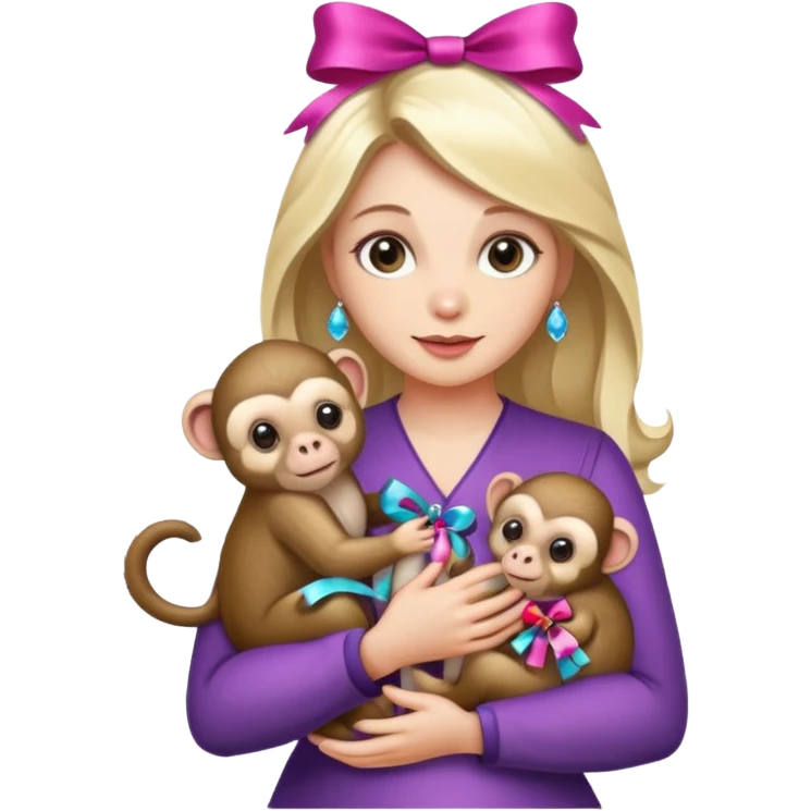 woman holding baby monkeys with ribbons and crystals emoji