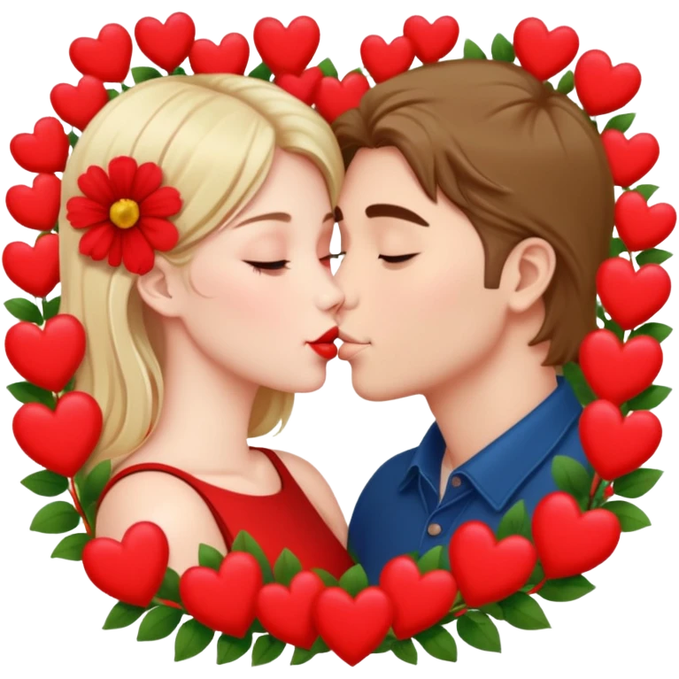 Hyper Realistic Couple kissing surrounded by red hearts and flowers emoji