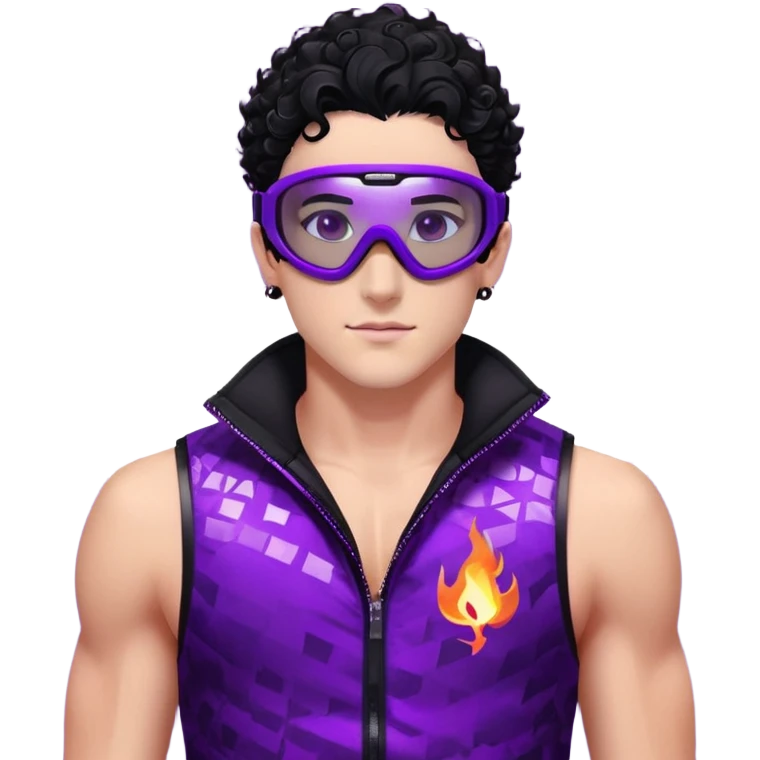 male athlete with white skin and moderately curly black hair on top with shaved sides, wearing ski goggles with purple frames and very dark black lenses, a simple plain black chain necklace, and a completely unzipped sleeveless vest with purple and black sequin fire pattern design, fully revealing his chest, shoulders and arms, no earrings emoji