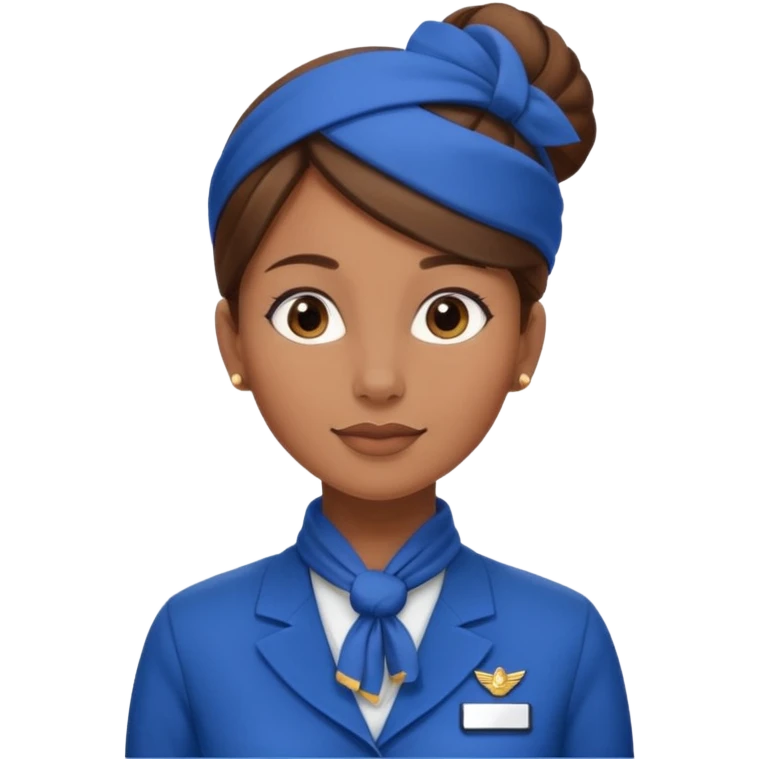 Light Brown skin flight attendant, brown hair in a bun, blue uniform, blue neck scarf emoji