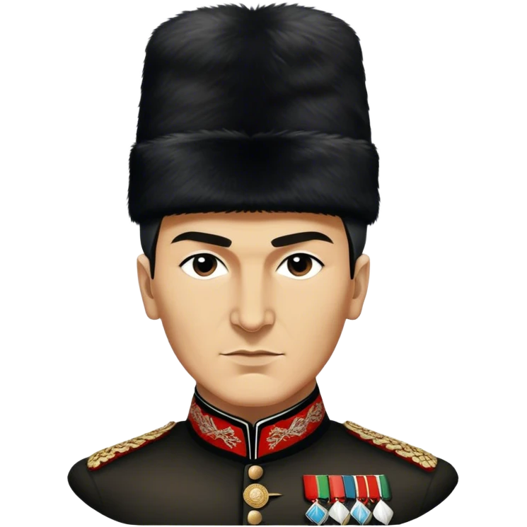 ​Cinematic Realistic Portrait of a Young Mustafa Kemal Atatürk, depicted wearing an iconic tall black fur hat along with traditional attire, his confident, visionary expression illuminated by warm, inspiring lighting, rendered with rich historical textures that capture his youthful dynamism and transformative leadership, emoji