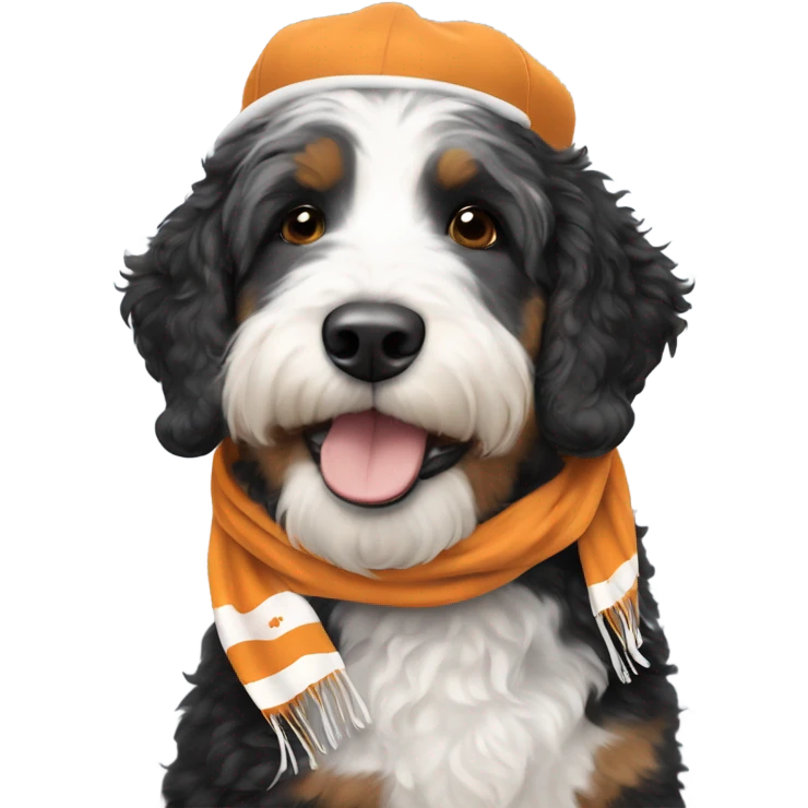 Bernedoodle with University of tennessee hat and scarf emoji