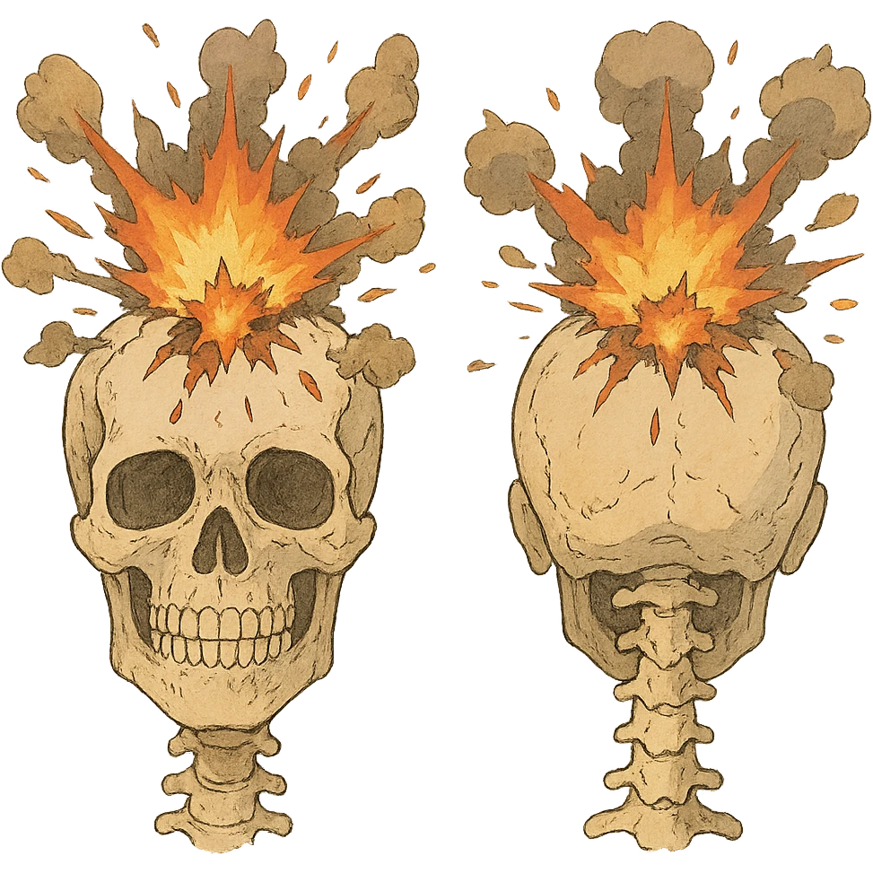 a skull exploding, anatomical diagram, front and back impact points emoji