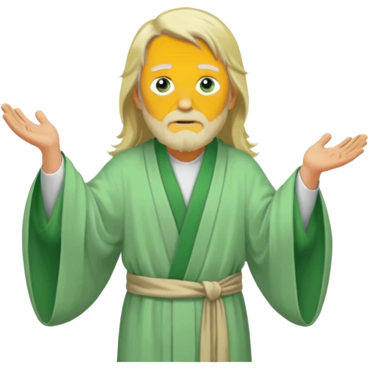 an old man, green eyes, long blonde hair, light green wide, flowing outer robe. opening arms, gazing thoughtfully. Soft light, subtle fern. Waist-up, profile. emoji