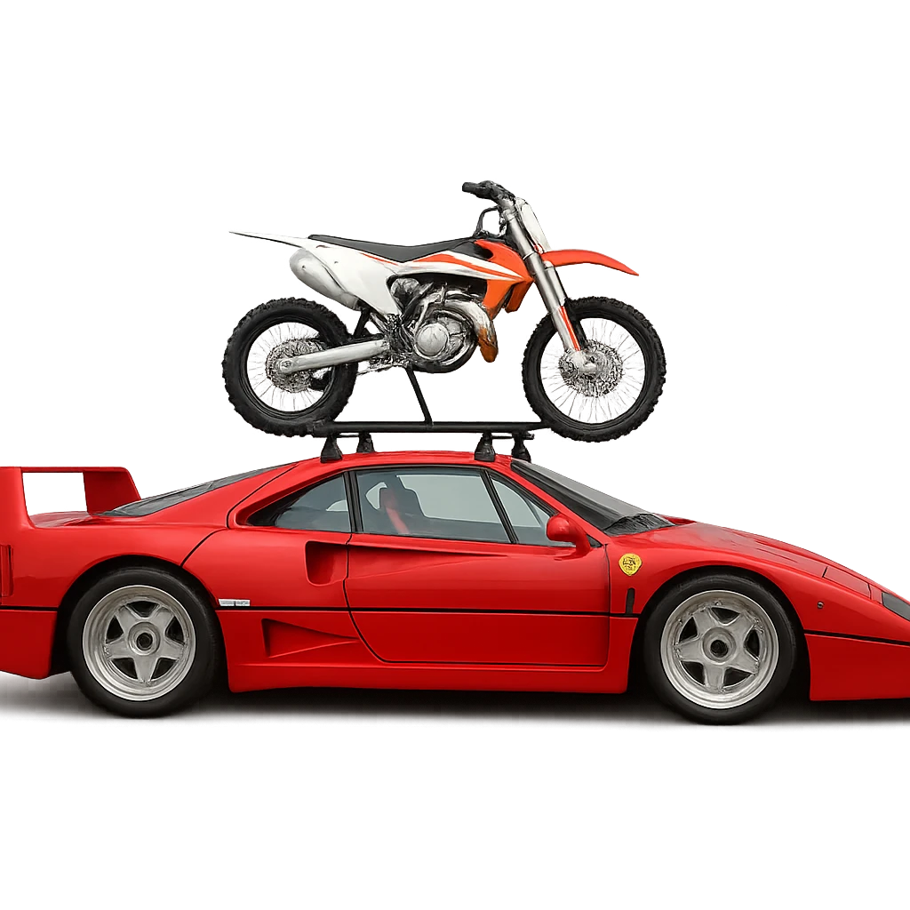 A Ferrari F40 with a single 125cc dirt bike mounted on a visible roof rack, dirt bike to proper scale, transparent background emoji