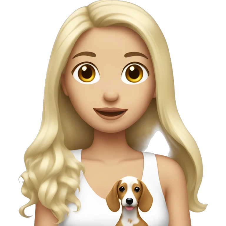 White long hair brunette girl holding blonde doxie emoji