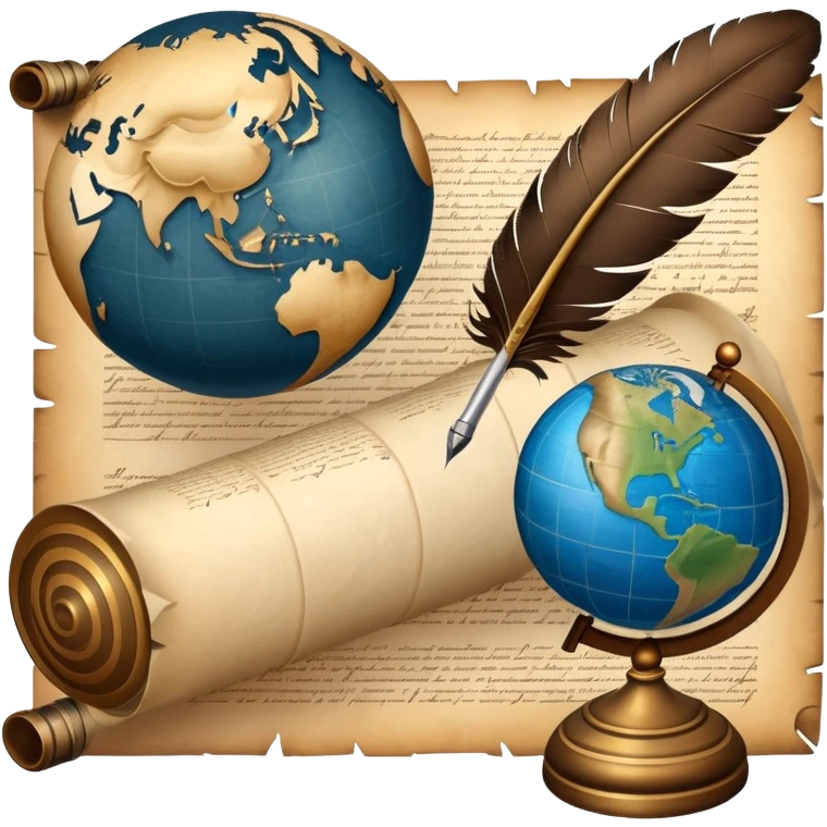 An icon featuring an ancient scroll, a quill pen, and a globe, symbolizing the study of history. The design includes a timeline with significant historical events, with ruins in the background to evoke past civilizations. Transparent background emphasizes the exploration of human history emoji