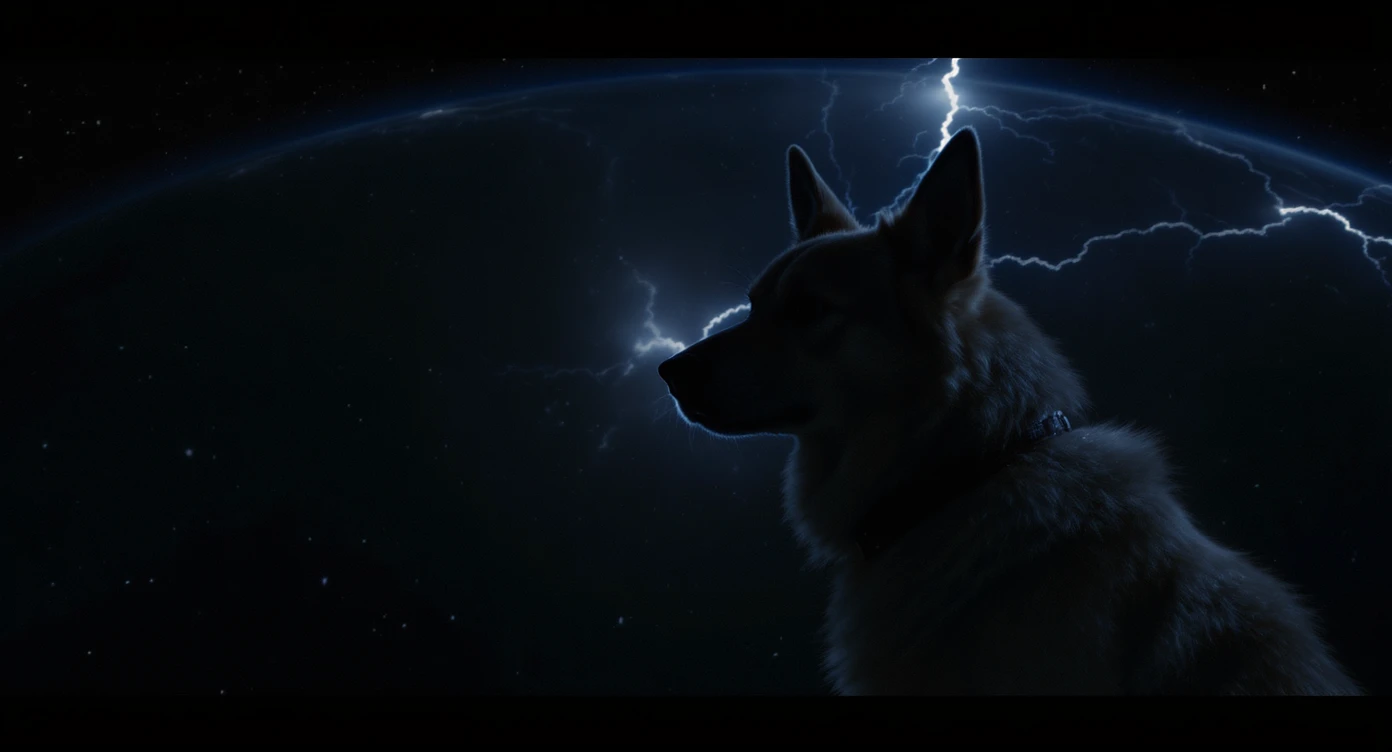 Cinematic still of a dog is in space, very detailed, cinematic lightning emoji