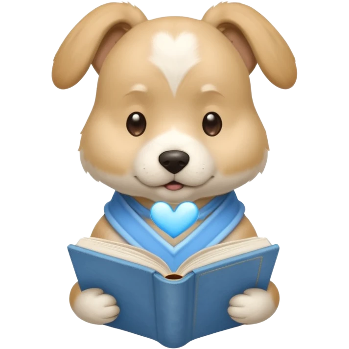 beige dog reading a sky blue book with a large white heart on its back emoji