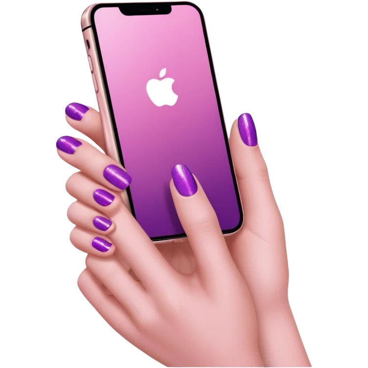 Hand with 5 fingers holding a pink iphone with purple shimmer manicure emoji