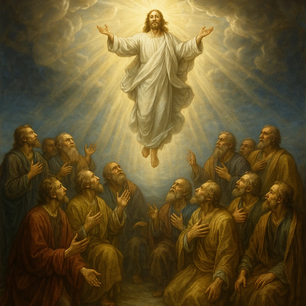 Jesus ascending, surrounded by disciples below, sky splitting open with heavenly light, awe-inspiring and holy emoji