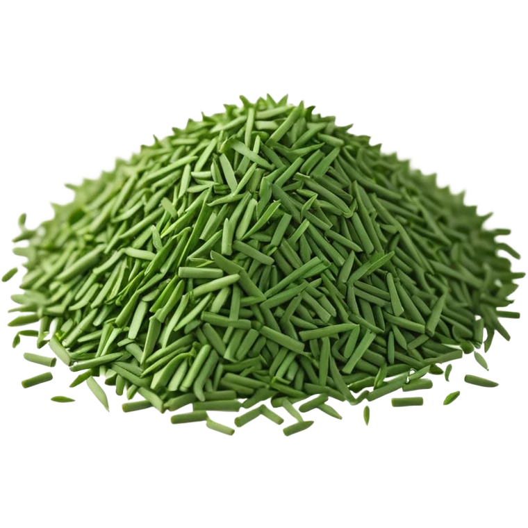 loose scatter of finely chopped dry green herb bits, short tubular shapes, crisp matte texture, uniform thin straight pieces, vibrant to muted green tones, evoking dried chive stalks, soft lighting, subtle shadows, emoji scale emoji