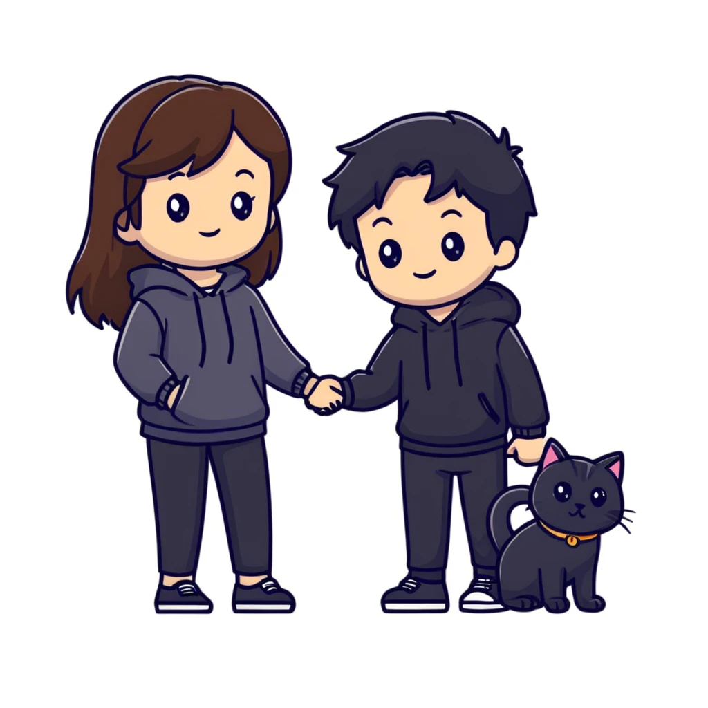A girl with long brown hair holding the hand of a boy with black hair, both dressed in black, holding a cat and dog emoji