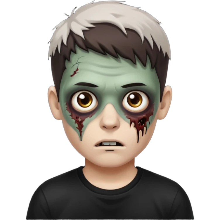 zombie white boy with dark brown edgar haircut and brown eyes (his skin is clear and white but with zombie scars) in black tee  emoji