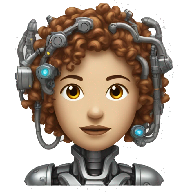 metal female cyborg head with brown curly hair and circuitry emoji