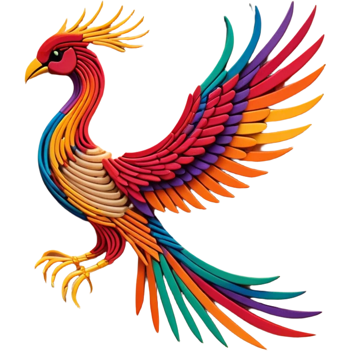 String art icon, colorful threads forming a large, intricate phoenix (firebird) design, geometric patterns, pins on a board, vibrant colors, minimalistic style, clean lines, transparent background. emoji
