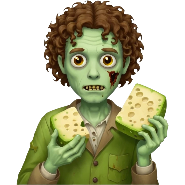 curly hair man zombie holding moldy cheese piece emoji
