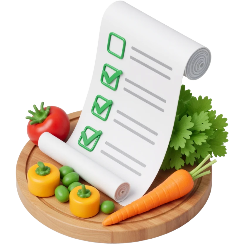 floating rolled paper list with green checkboxes and around vegetables emoji