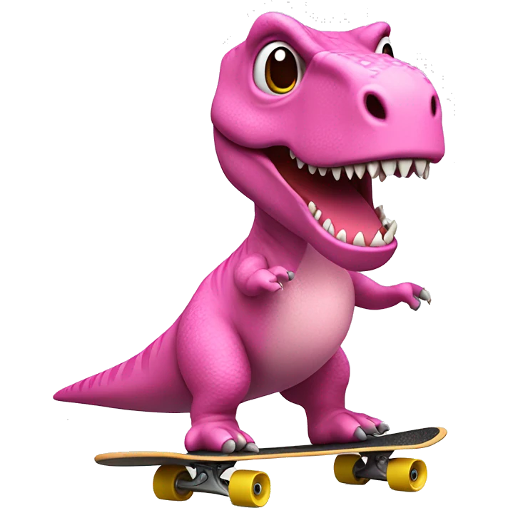 simplistic 3d emoji t-rex wearing a pink tutu riding a skateboard emoji