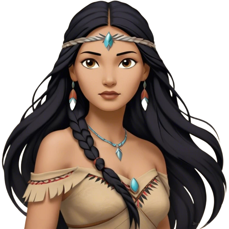 Cinematic Realistic Pocahontas Portrait, depicted with lifelike skin texture, soft natural lighting, and intricately detailed long, flowing raven-black hair that moves gracefully in the wind. Her deep, soulful dark brown eyes exude wisdom and strength, complemented by a serene yet powerful expression. She is dressed in her classic one-shoulder native american dress, with rich fabric textures and delicate beaded details that catch the light beautifully. The portrait features a soft, sun-kissed glow with a natural, radiant finish, capturing the essence of untamed beauty and deep connection to nature in a realistic and painterly style, evoking a sense of depth and authenticity. emoji