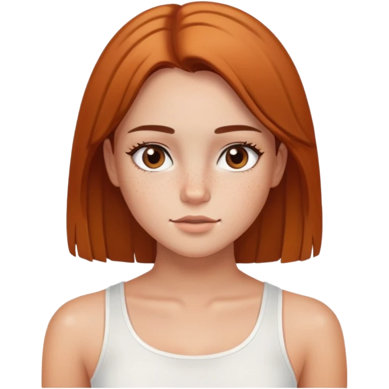 chica con pelo liso ojos marones i pecas con una camiseta blanca corta emoji