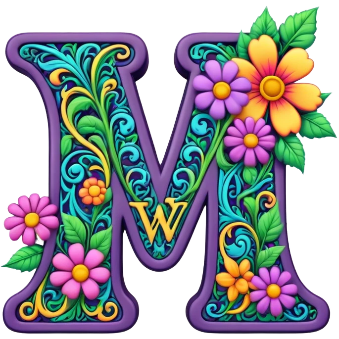 3D, gothic style psychedelic colored Letter W with hippie style flower border emoji