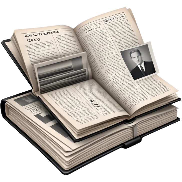 Icon for Non-Fiction & Narrative Reading: an open book with black-and-white photos on the pages, surrounded by a pile of newspaper clippings, and an open folder with top-secret documents. The icon should reflect the blend of real stories and facts in non-fiction literature. Transparent background. emoji