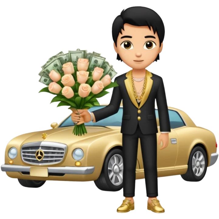 a pretty bratz boy with black hair, holding a bouquet made of money, car behind him emoji