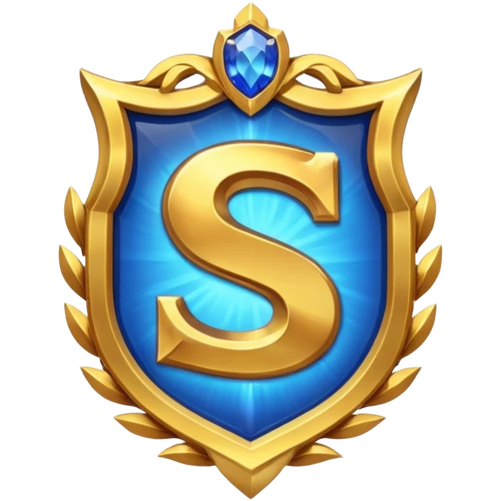Create a custom emoji badge featuring a stylized, glossy letter “S”. Style it after the Challenger rank from League of Legends. Use gold & sapphire blue colors, radiant glow effects, and a majestic, high-prestige frame.
 emoji