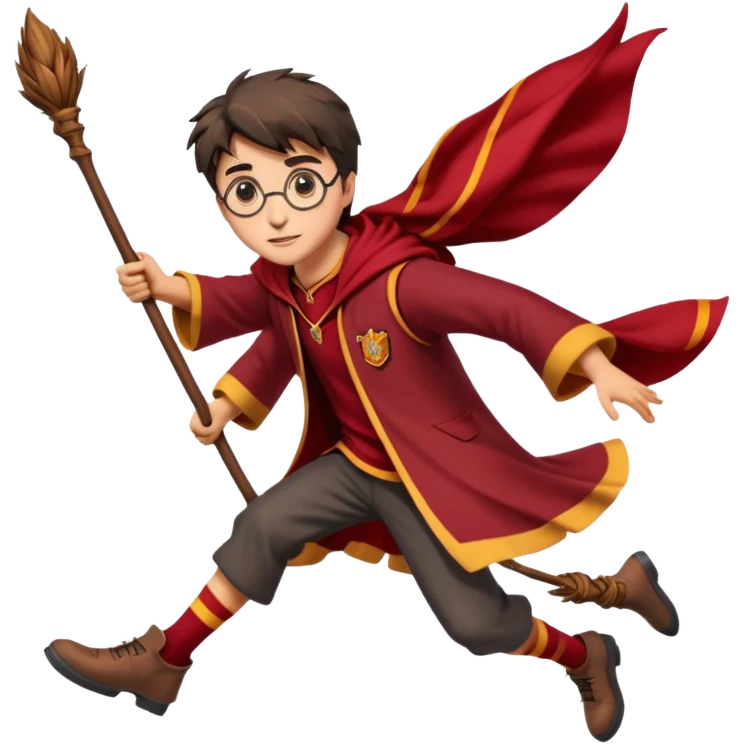 Cartoon-style illustration of Harry Potter flying on a broomstick, Gryffindor red and gold outfit, expressive face, dynamic motion, magical vibe, smooth shading, vibrant colors, no background, transparent background, isolated character. emoji