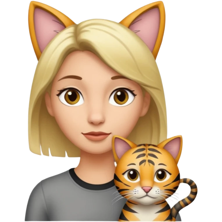 Une femme avec les cheveux dégradée, brun et blond, qui fait un câlin à son chat qui est gris, tigré avec les extrémités oreille patte et queue noir  emoji