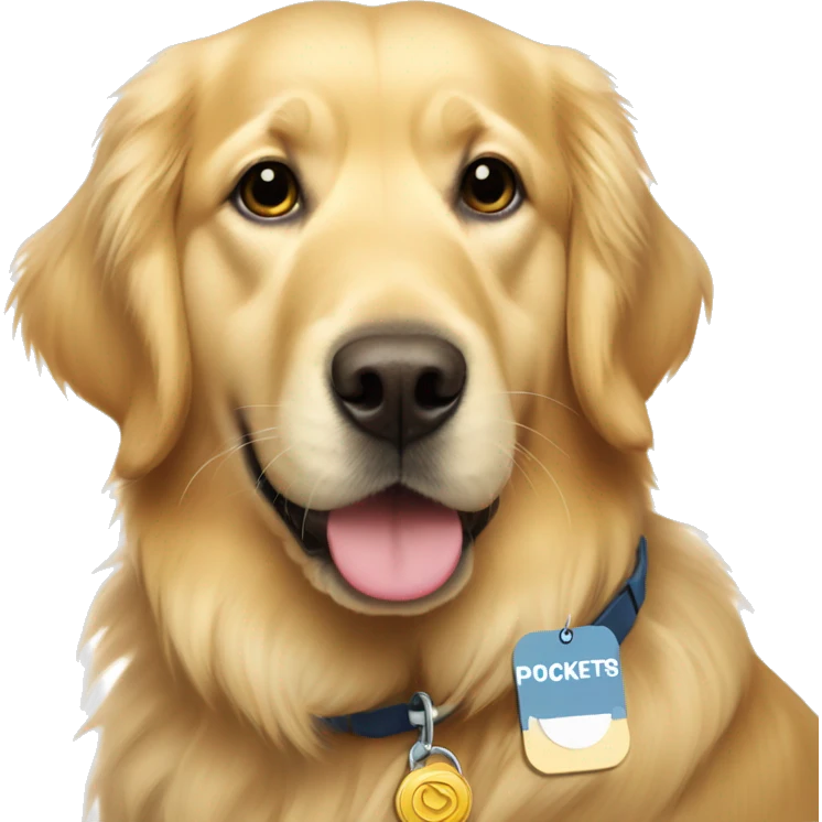 golden retriver with name tag that says pockets emoji