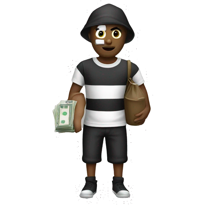 Robber wearing black and white T-shirt and holding bag of money emoji