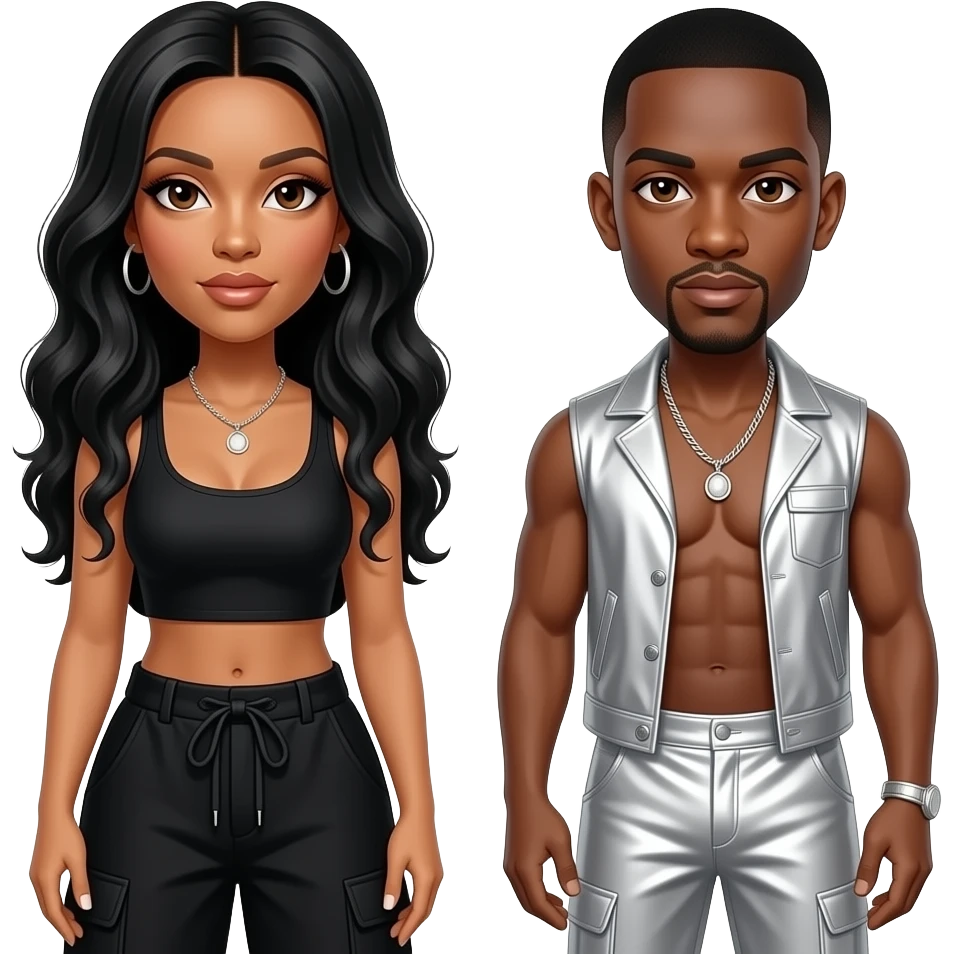 Aaliyah with brown eyes, long black hair, black crop top and baggy pants,R  Kelly with brown eyes, black hair, silver metallic vest, silver metallic baggy pants, shirtless with necklace emoji