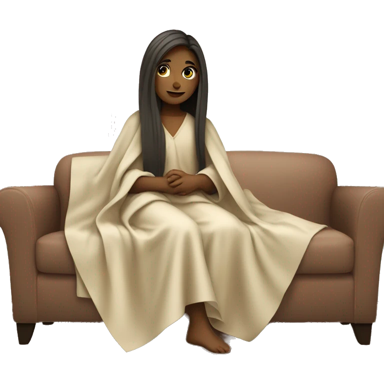 A young american women with long straight hair wearing blanket around her and sitting on sofa emoji