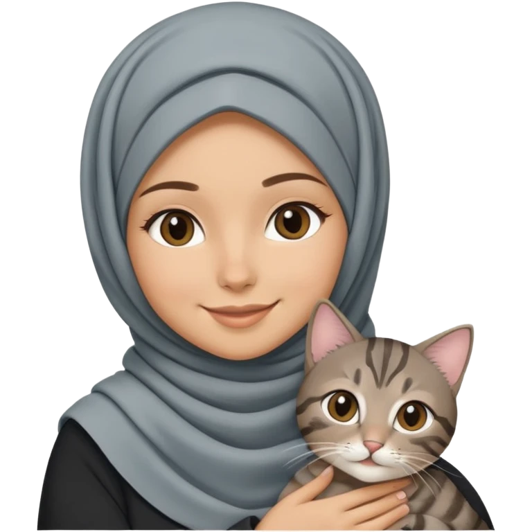 White girl wearing hijab holding a black grey tabby cat while smiling emoji