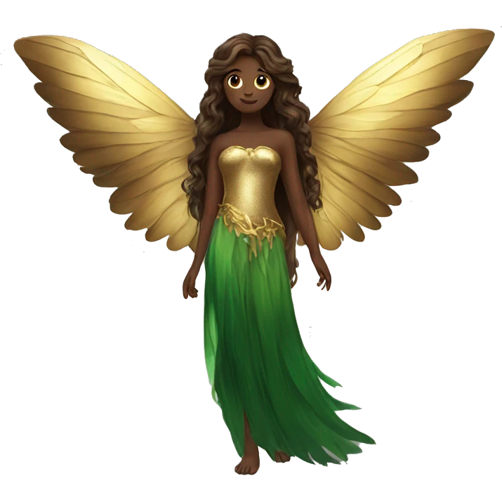 big wings, Beautiful, fairy, gold, brown, dark green, green, long hair emoji