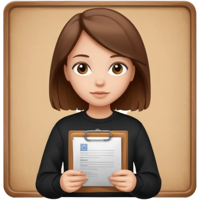 a girl with documents in her hands, in a black sweatshirt with brown hair with a square emoji