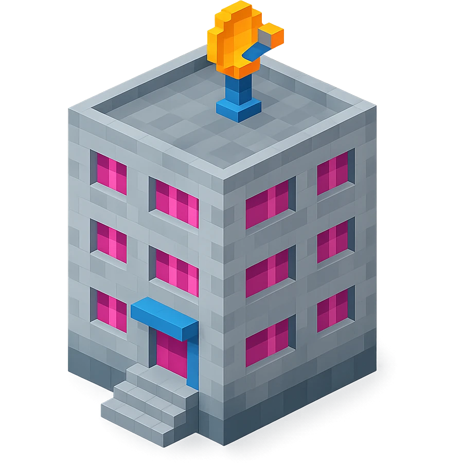 Russian panel apartment building, compact square block, light gray, pink windows, entrance with steps, satellite dish on rooftop, isometric view emoji