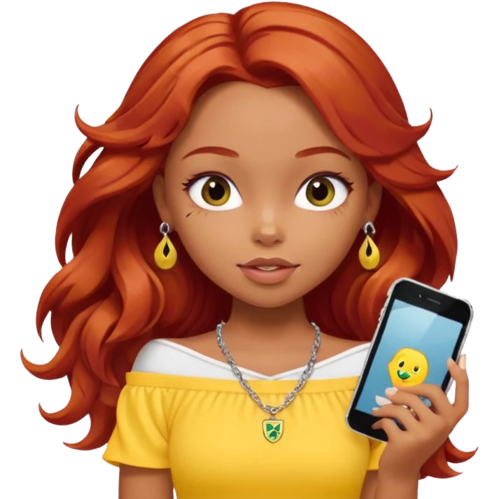 a pretty bratz girl with wavy red hair, wearing a yellow brazil jersey falling off her shoulder. silver dainty layered necklaces, carrying an iphone emoji