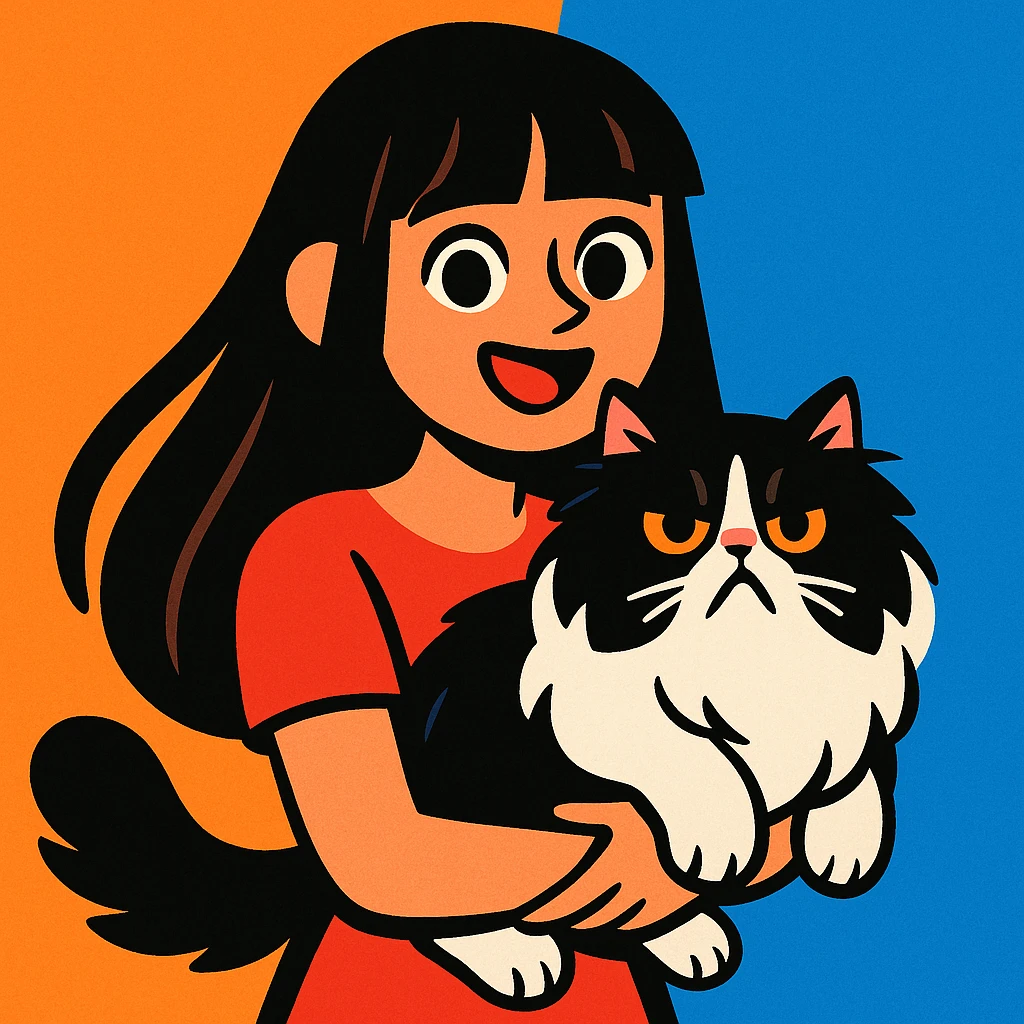 a girl with long dark brown, almost black hair with bangs, carrying a black and white fluffy Persian cat, visually appealing style emoji