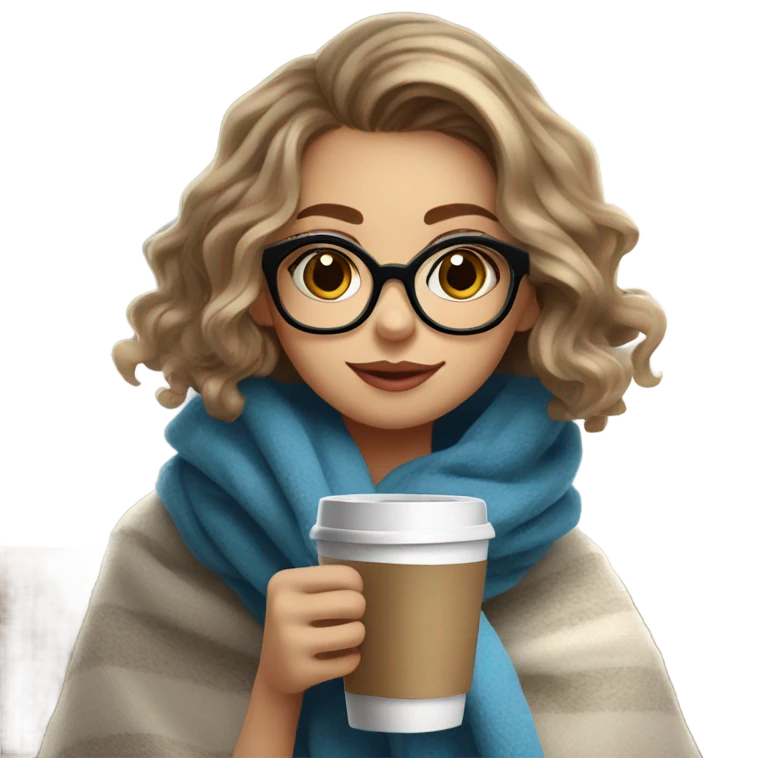 Balayage short hair Girl drinking coffee, with a cozy blanket wearing glasses with blue eyes beautiful  emoji