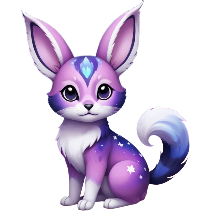 Colorful black-violet-indigo-purple-pink-gradients nebulae nebula white stars-sparkles-markings galactical shiny white-stars-patterned glorious iridescent divine exotic cute cool beautiful realistic Meloetta-caracal-civet-sergal-bunny-oncilla-animal-Fakémon-hybrid-fursona (full body) emoji
