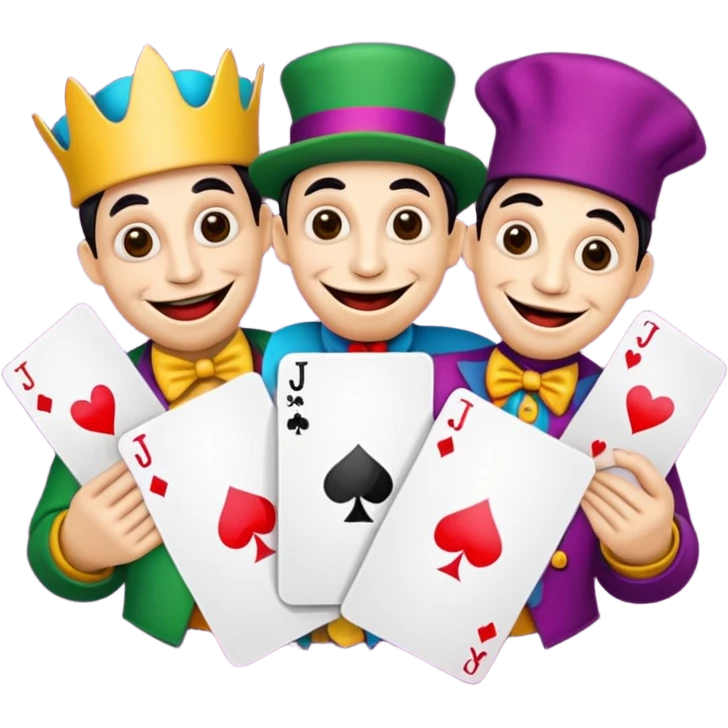 3 poker cards, with crazy colorful human jolly jokers inside, puppets in the hand emoji