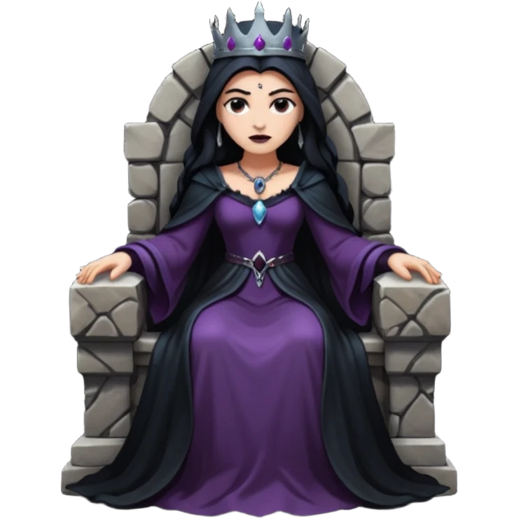 Dark queen seated on stone throne, relaxed dominance, heavy shadows, cold emoji