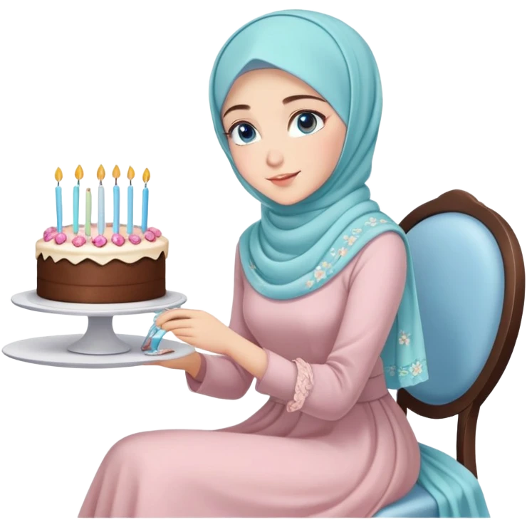 Turkish beautiful finish Konya girl blue eyes with pastel hijab long tail dress and sits on the chair and holds floral cake with her hand  emoji