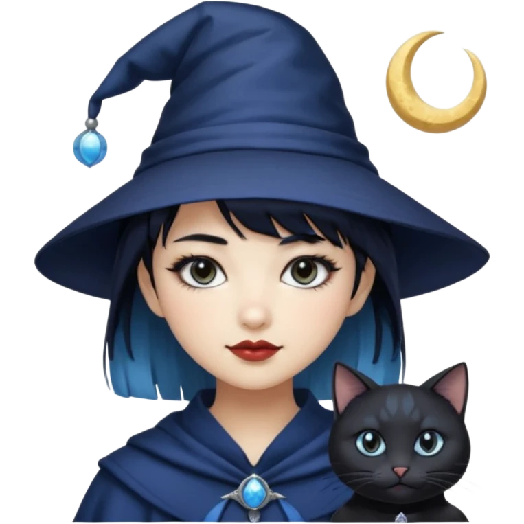 an asian short haired girl with light blue highlighted short raven hair with bangs, with her silver left eye and dark brown right eye, with black cat eyed style eyeliner, and smirk of natural toned lipstick, with dark navy wizard hat with moon emblem on his hat. emoji