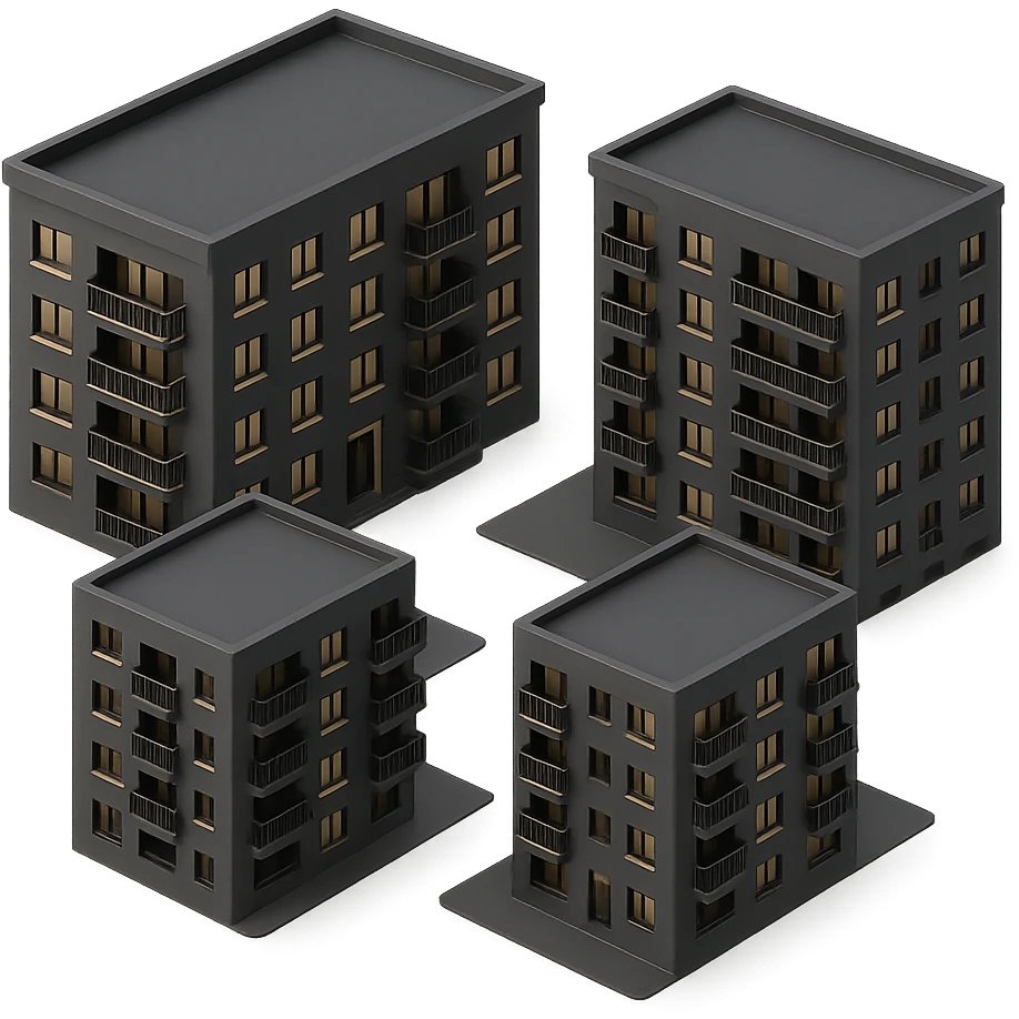 a new residential complex, modern apartment buildings in 3D black style emoji