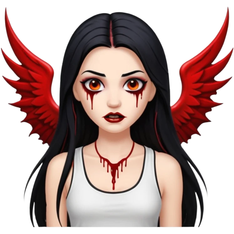 White woman with a white tank top long black hair glossy middle part long hair vamp look with fangs or blood dripping brown eyes eyeliner winged with lashes top and bottom emoji